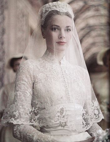 Grace Kelly in the wedding dress she wore to the religious ceremony on April