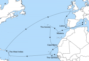 Map of Prince Rupert's travels as Commander of the Royalist Fleet