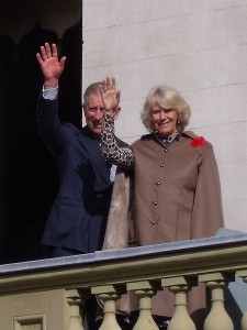 The Prince of Wales and the Duchess of Cornwall on the balcony of Dundurn Castle, Hamilton during their 2009 tour of Canada.