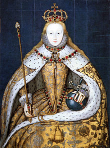 The twenty five year old Elizabeth I in her coronation robes, embroidered with Tudor roses